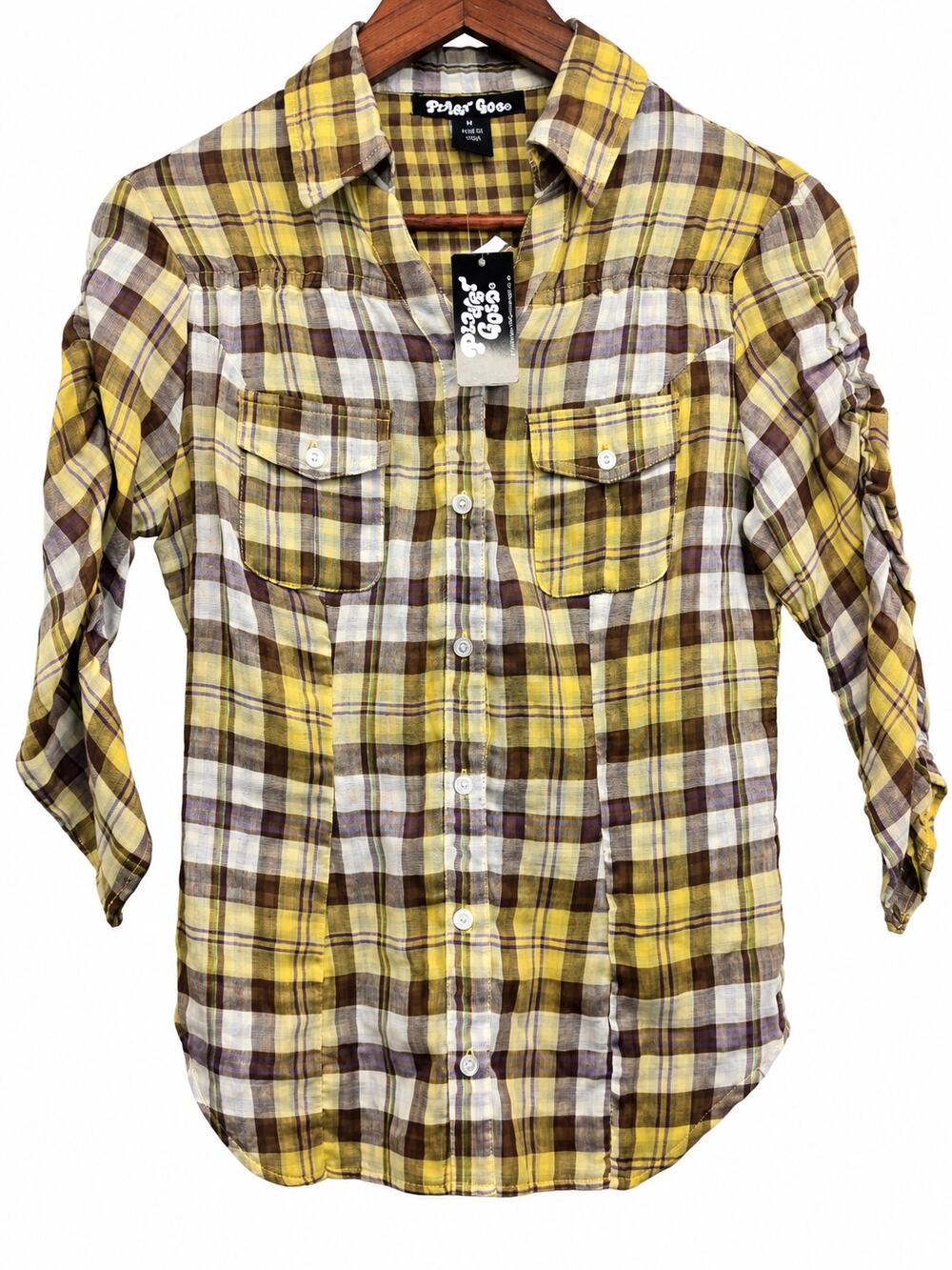 NWT Planet Gold Plaid Button Front Shirt Top Size M Yellow Brown 100% Cotton